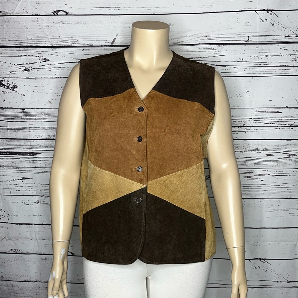 Outbrook Ladies Size 3X Brown & Tan Colorblock Button Down Leather Vest Jacket